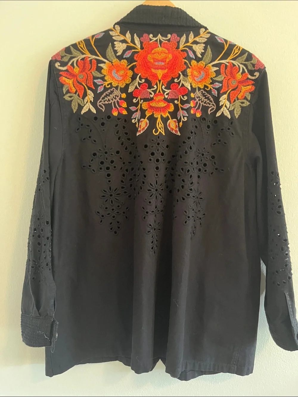 Johnny Was Black Utility Jacket with Orange & Pink Floral Embroidery